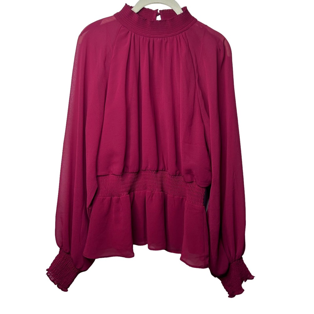 1.State Burgundy Maroon Red Sheer High Neck Smock Waist Romantic Pheasant Blouse